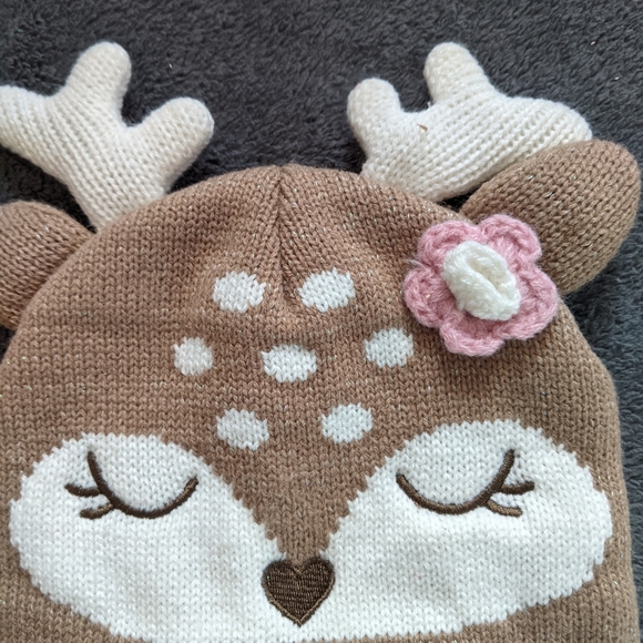♦️ B2G1FREE ♦️ Tan/pink reindeer knitted hat/mittens - Picture 3 of 5
